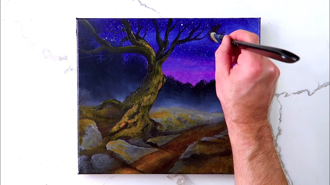 Nighttime Glow | Learn to Paint a Moss-Covered Tree | Easy Acrylic Techniques