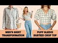 DIY Refashion Men's shirt into PUFF SLEEVE Bustier Crop top - Men's shirt transformation idea