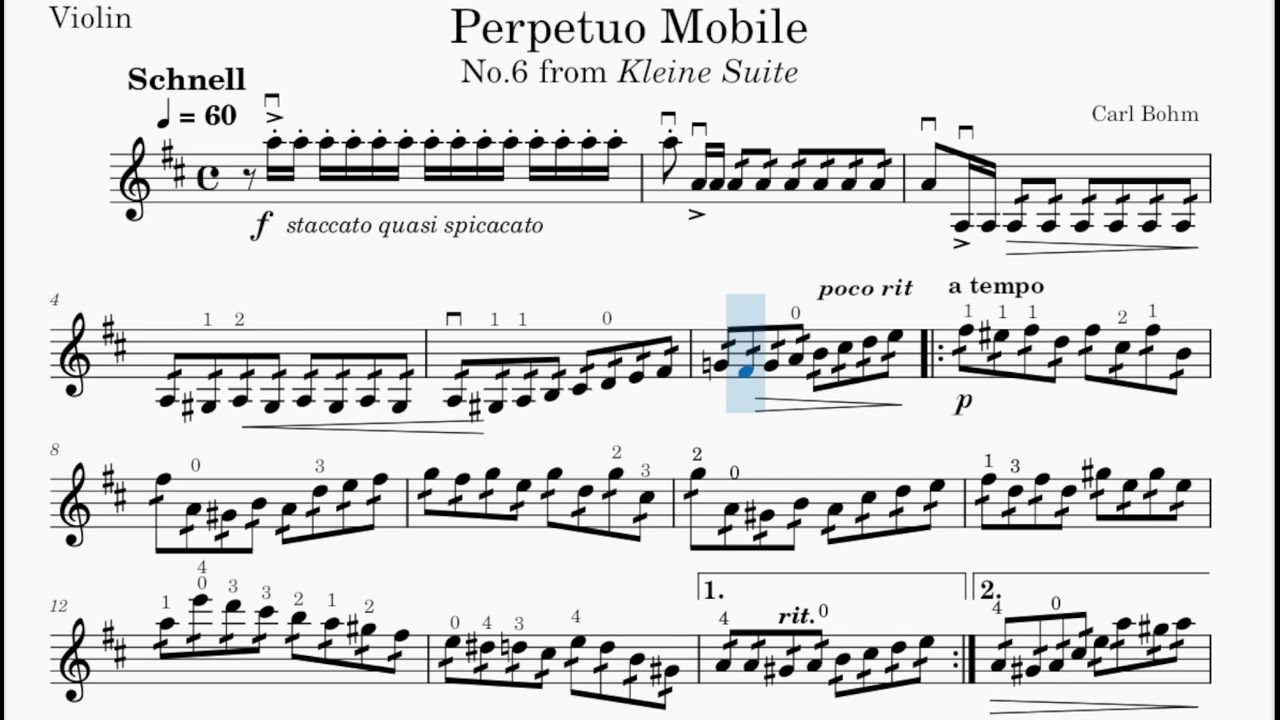 Bohm Perpetuo Mobile 60 BPM Slow Practice. Violin and Piano Accompaniment. Sheet Music Play along.