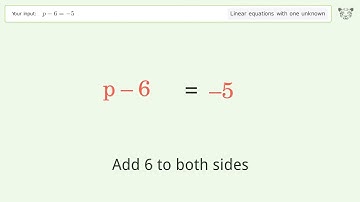 Linear equation with one unknown: Solve p-6=-5 step-by-step solution