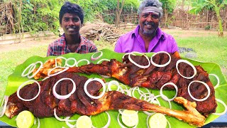 3 KG MUTTON LEG PIECE EATING | VILLAGE COOKING MUTTON FRY | MUTTON ROAST EATING | FARMER COOKING