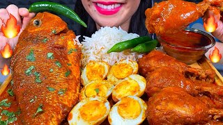 ASMR BIG FISH CURRY, CHICKEN CURRY, EGGS CURRY, CHILI, BASMATI RICE MUKBANG MASSIVE Eating Sounds