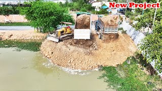 New Project, Transaction Bulldozer Komatsu D31P Push Soil & Stone Into Water, Dump Truck Unloading