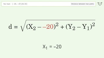 Find the distance between two points p1 (-20,-47) and p2 (28,92): Step-by-Step Video Solution