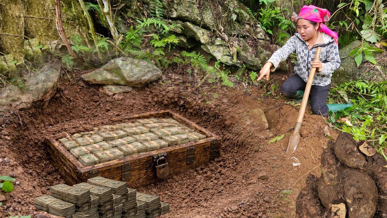 The girl accidentally unearthed a treasure in a hole filled with wild potatoes.