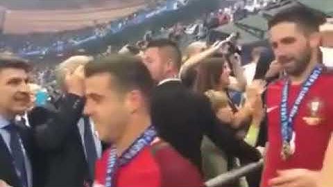 Sir Alex Ferguson waiting patiently to congratulate Cristiano Ronaldo after Euro 2016 Final.