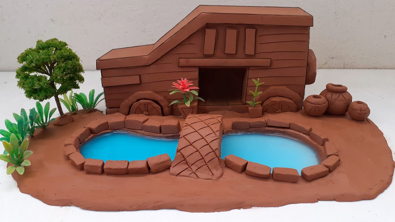 How to build a miniature clay house with a unique swimming pool