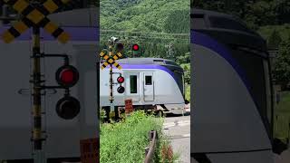 JR大糸線の踏切 オーバーハング　特急列車