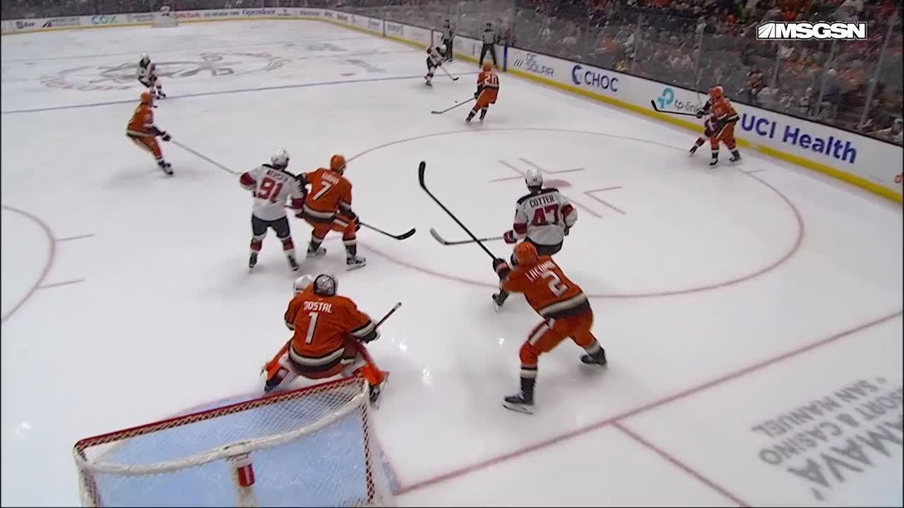 Jonas Siegenthaler scores a goal against the Anaheim Ducks