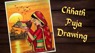 Easy Chhath Puja Drawing | Chhath Puja Drawing with oil pastel | how to draw chhat puja step by step screenshot 4