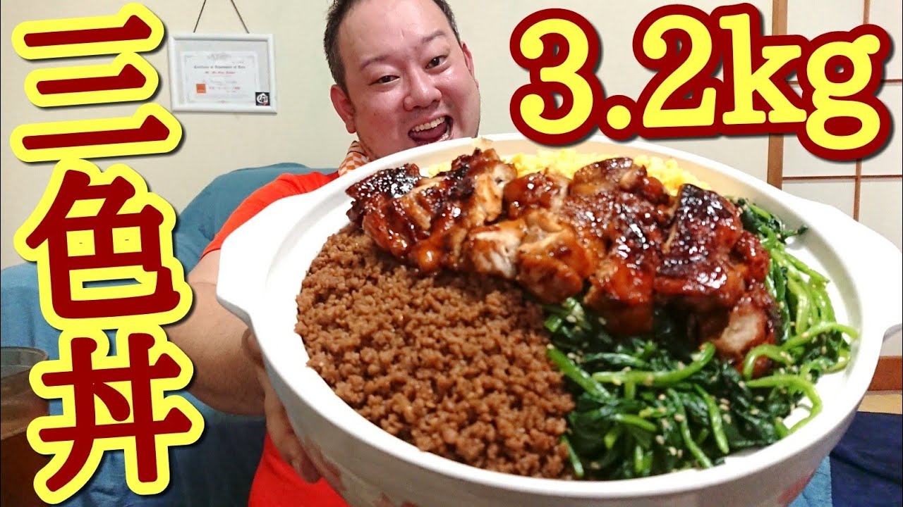 大食い ３色丼に照り焼きチキン 3 2kgを暴食 Youtube