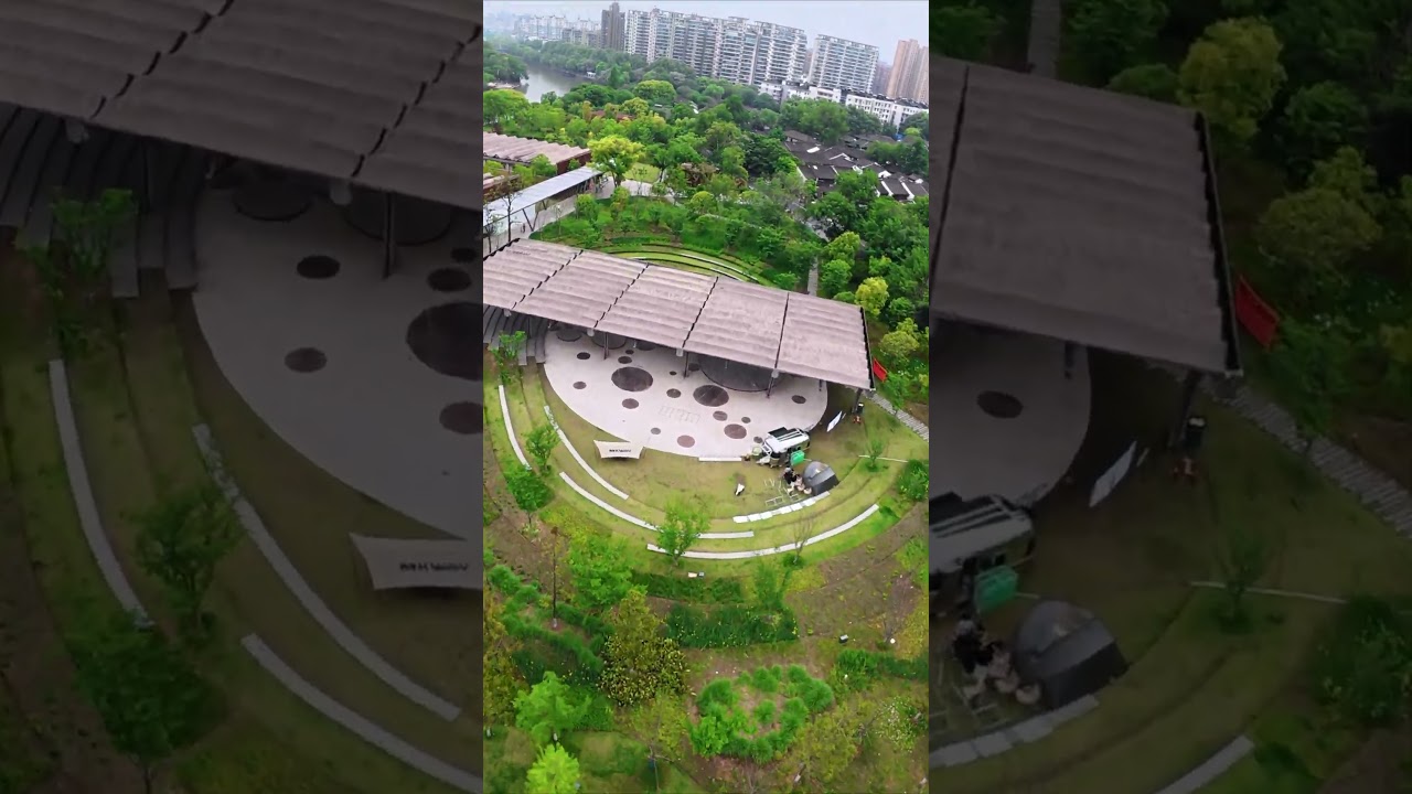 The urban backyard of Hangzhou, China. Aerial view of Little River Park.