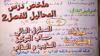 ملخص درس الفيزياء: المحاليل/الفصل2 سنة1متوسط|المذيب و المذاهب، حساب التركيز، أنواع المحلول المائي?