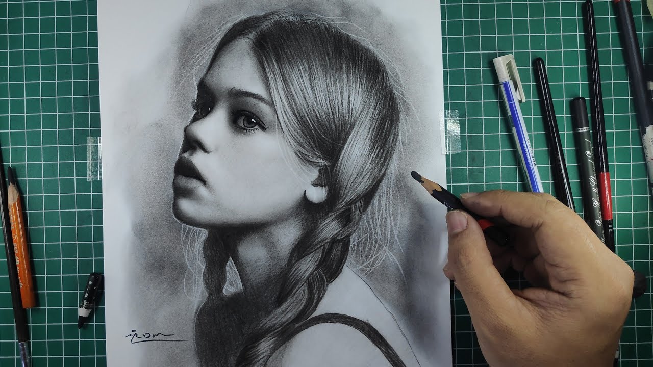 Shading Girl Realistic Portrait Drawing With Charchoal Pencil YouTube