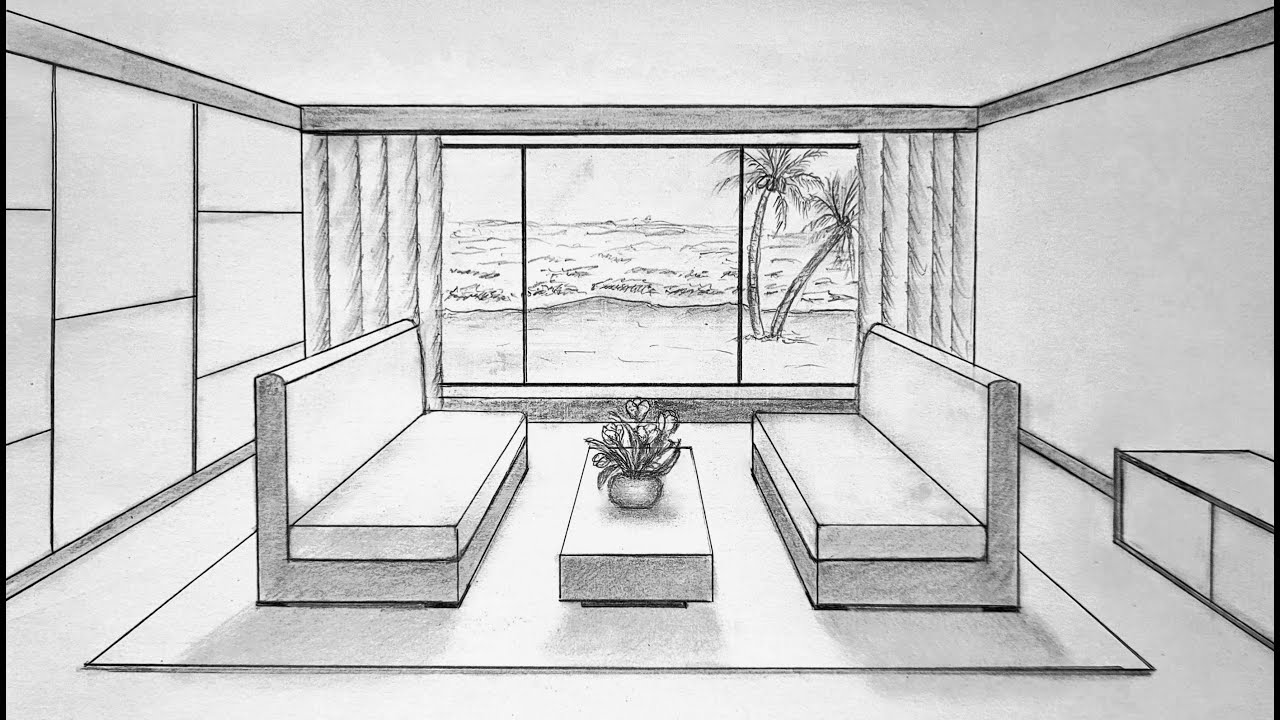 How to draw a living room in one point perspective 