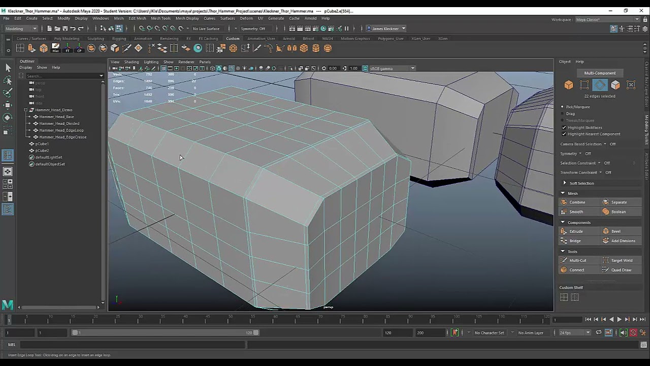Thor Hammer Project Part 3 (Using the Insert Edge Loop Tool to hold edges)