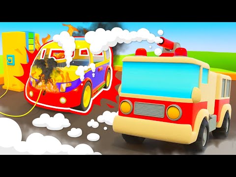 The fire truck saves the day & puts out a fire at the parking station. Helper cars cartoons for kids