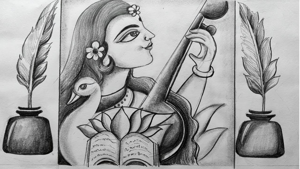 how to draw saraswati devi,maa saraswati ful figer drawing,line art maa  saraswati,saraswati thakur, - YouTube
