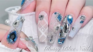 sub) Glossy Blue Nails✨/Korea Nails / Magnet Nails / Tip Extension / Nail art / Selfnails / ASMR