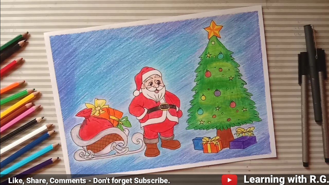 How to draw Santa Claus with Christmas tree in Step by Step II Colour