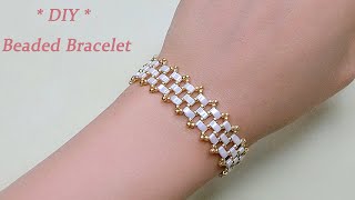DIY Beaded Netting Bracelet with Miyuki Half Tila 2 Hole Beads 双孔珠Tila串珠手链