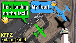 Bonanza nearly lands on taxiway at Falcon Field, AZ | Cessna GIVES WARNING