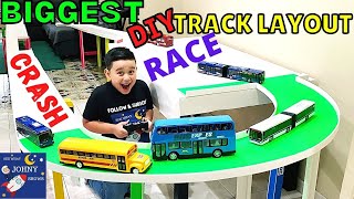 Biggest DIY Bus Track Layout With School Bus VS MTA Bus VS Double Decker Bus Crash Race