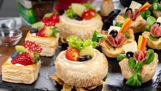 Rings, cups and baskets made of puff pastry. Amazing snacks recipes made of puff pastry