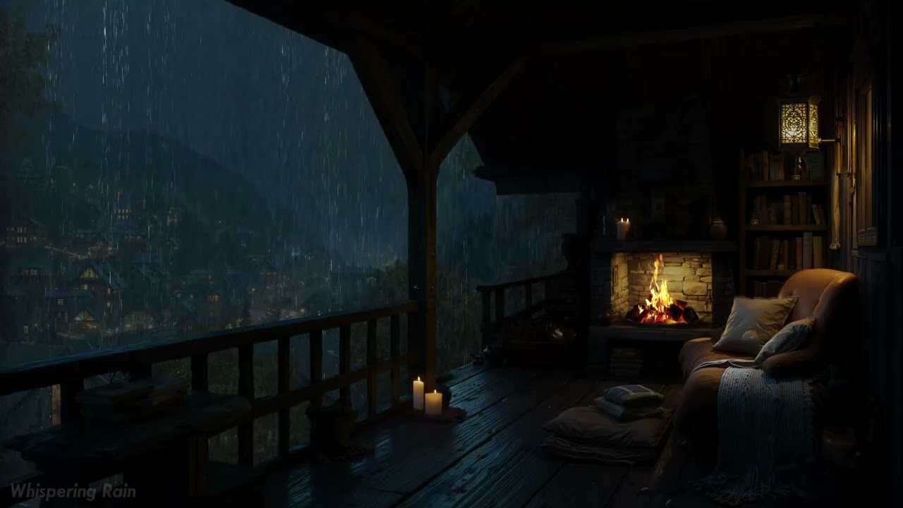 Soft Rain and Warm Fire Sounds | Release Stress, Cozy Dark Room for Restful Sleep