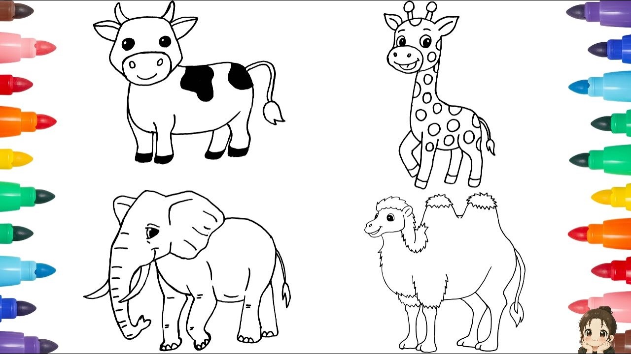 How to Draw Animals for Kids | Cow 🐮 Giraffe 🦒 Elephant 🐘 & Camel 🐫 | Children Draw Animals