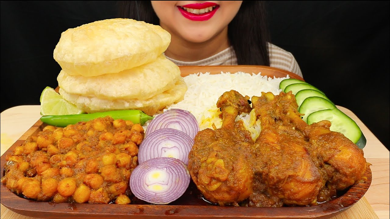 EATING CHOLE MASALA,PURI,SPICY CHICKEN CURRY WITH RICE||ASMR MUKBANG||EATING INDIAN FOOD