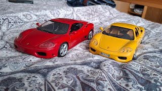 Ferrari 360 Modena Comparison in scale 1/18. Hot Wheels (red) VS Burago (yellow).