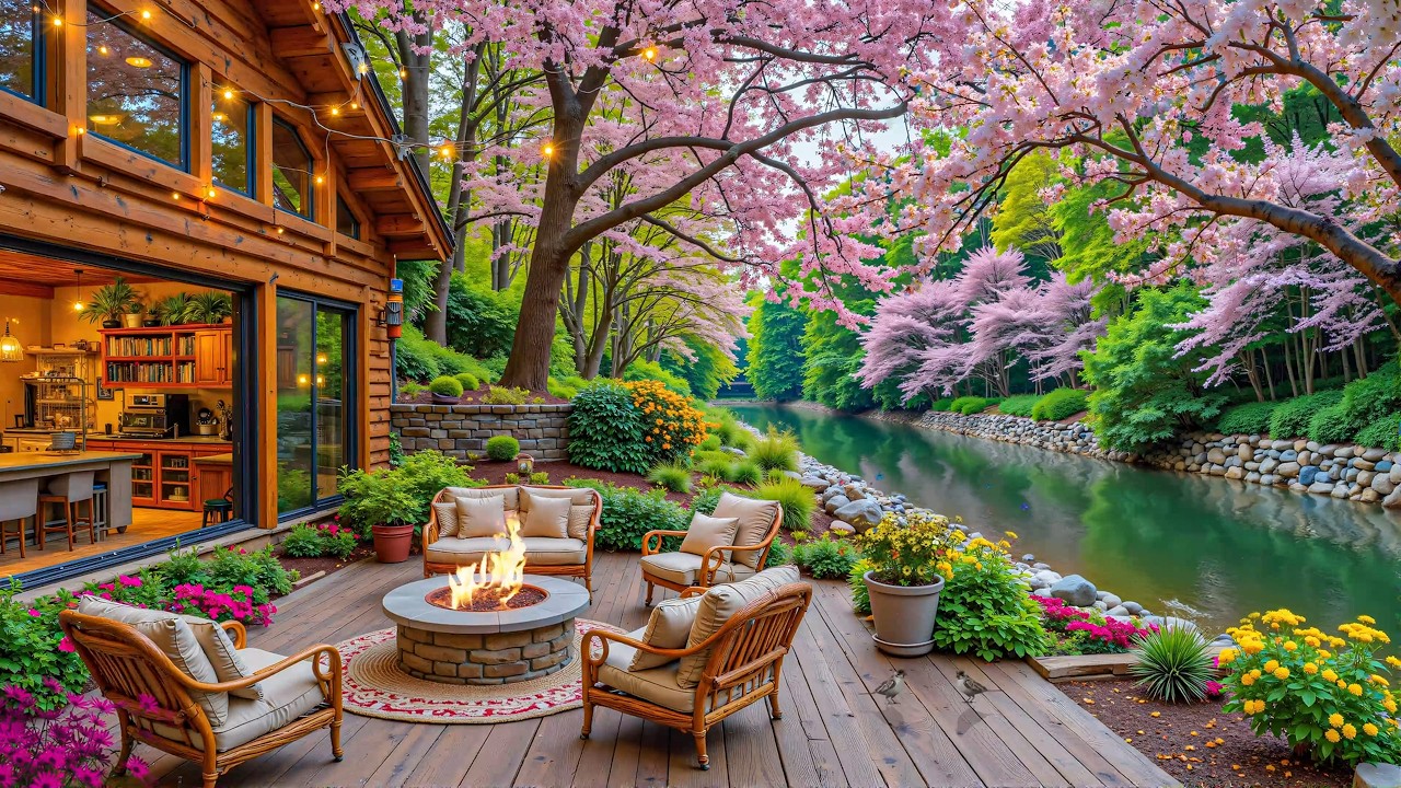 Peaceful Spring Lakeside Cabin 🌸🔥 Soft Piano, Campfire & River Sounds for Focus & Sleep