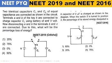 Two identical capacitors C, and C₂ of equal capacitance are connected as shown in the circuit. |NEET