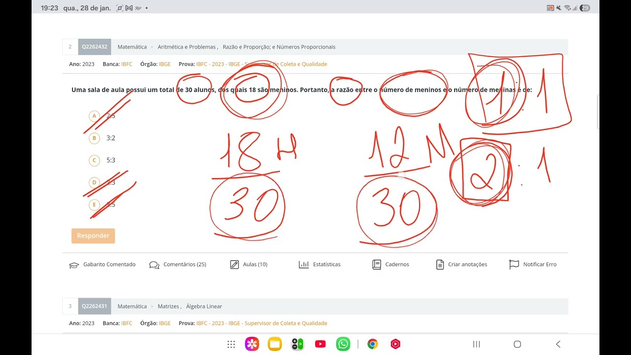IBGE 2023 - Uma sala de aula possui um total de 30 alunos, dos quais 18 são meninos. Portanto, a