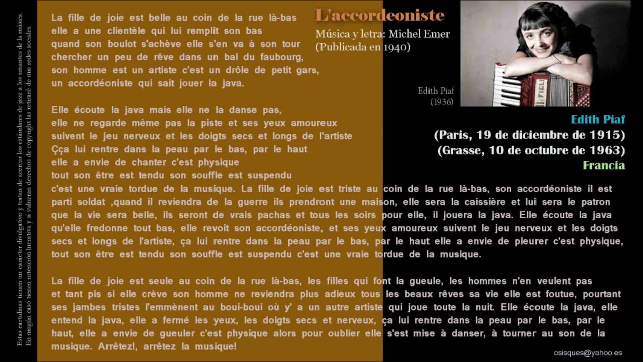 L'accordeoniste (Michel Emer) - Edith Piaf - YouTube