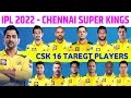 IPL 2022 AUCTION CSK TEAM : CSK Target Players LIst For Mega Auction | Chennai Super Kings 2022