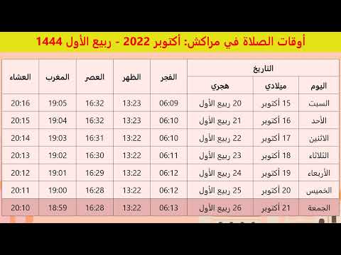 مواقيت الصلاة في مراكش لشهر أكتوبر 2022 الموافق ل ربيع الأول 1444 المغرب