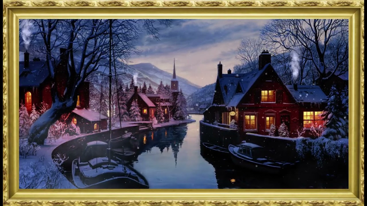 Peaceful Winter Village Night | Cozy Snowfall Scenery Painting | Winter Wallpaper 4K