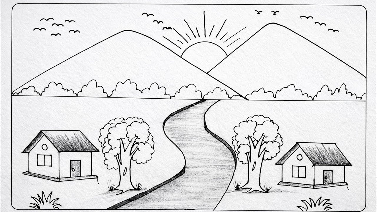 Village scenery drawing easy with pencil/ prakrutik drishya kaise banaen/ प्राकृतिक दृश्य का चित्र 