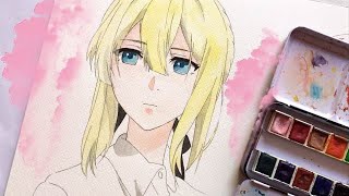 خطوات تلوين فتاة انمي بالالوان المائية - watercolor anime painting