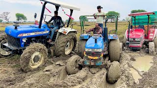 3 tractor Pulling together Mahindra Arjun NOVO 605 di 4wd Stuck in Mud |Eicher 485 | New Hollad 5500 image