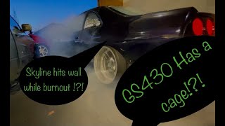 SKYLINE HITS WALL!! (during burnout!) r33 gtst rb25det and installing the cage on the gs430!