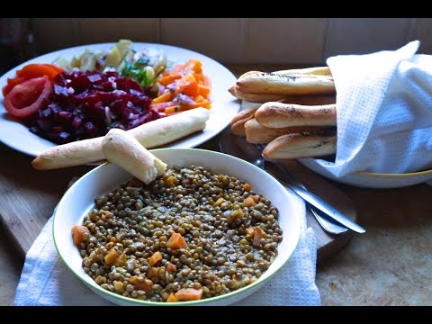 شوربة عدس و سلطة و عيدان خبز المطبخ المغربي Lentil Stew, a Salad, and Bread Sticks Moroccan Cuisine