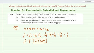 Three capacitors each of capacitance 9 pF are connected in series.(a) What is the total capacitance