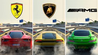 - ferrari 488 gtb : (v8 3.9l 670hp 760n-m 1475kg) lamborghini huracan
(v10 5.2l 610hp 560n-m 1422kg) mercedes-benz amg gt-r 4.0l 585hp
701n-m 155...