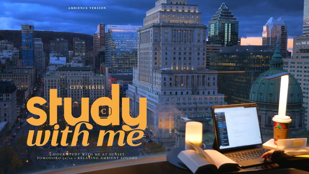 3-HOUR STUDY WITH ME 🌆 Fire Crackling Sounds / City Series at Sunset / Pomodoro 50-10 [ambient ver.]