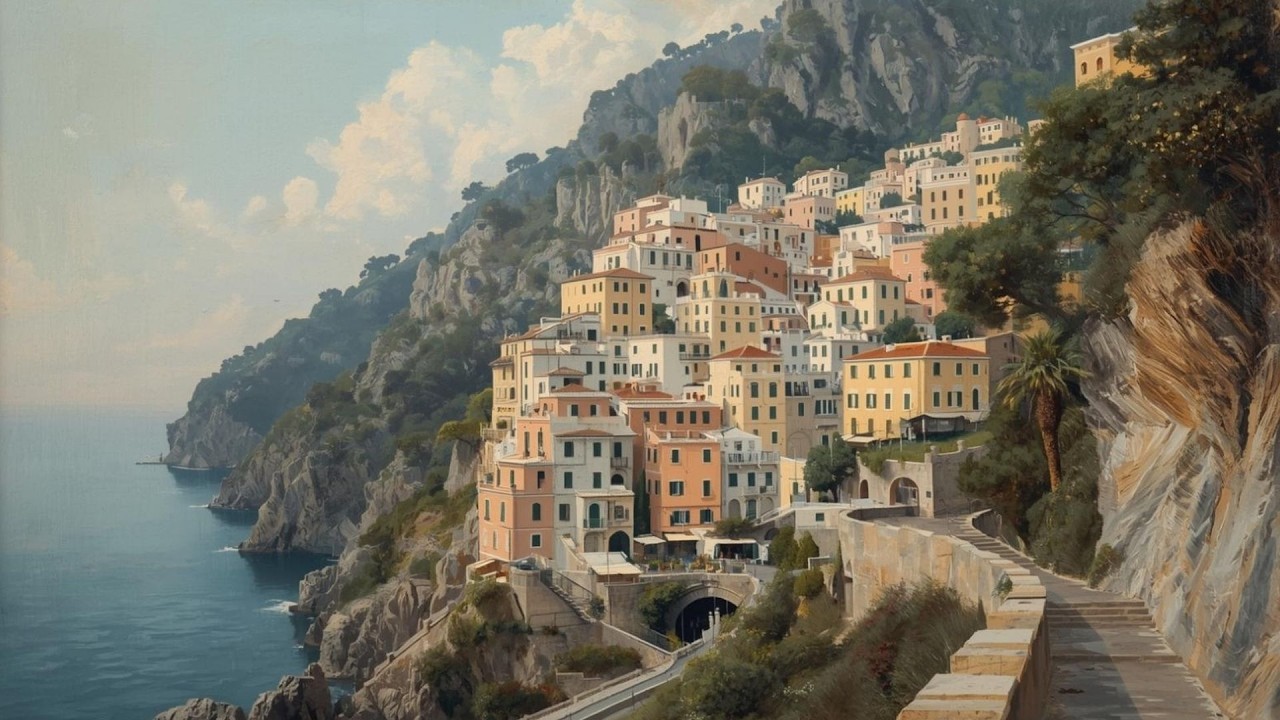 Italian Coastal Cliffside Village Vintage Painting  | Frame TV Art Display | 2-Hour Screensaver