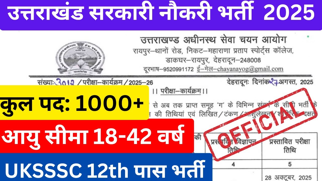 Uttarakhand 12 पास भर्ती  2025 || UKSSSC New Vacancy 2025 