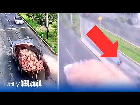 Horrifying moment brick-loaded truck crashes in Peru leaving five injured